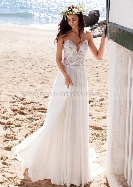 Spaghetti Straps Ivory Lace Chiffon Wedding Dress